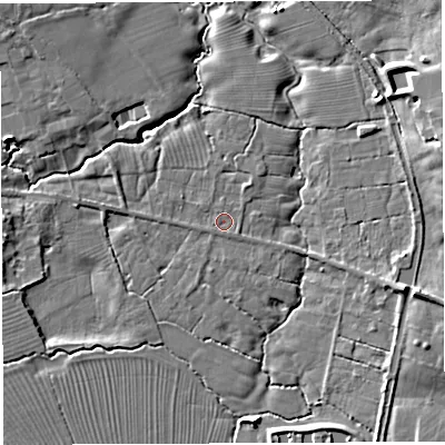Shaded relief map of the ground around CW58NA, computed from Environment Agency LiDAR. The ground here sits at about 59 m above sea level and falls 8 m across the surrounding 800 m. Surface water reaching this point runs off ground lying to the west, 0.6 m higher.