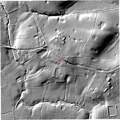 Shaded relief map of the ground around CW69AU, computed from Environment Agency LiDAR. The ground here sits at about 63 m above sea level and falls 15 m across the surrounding 800 m. Surface water reaching this point runs off ground lying to the north-north-east, 2.0 m higher.