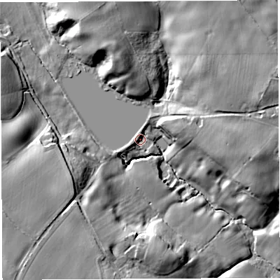 Shaded relief map of the ground around CW69BF, computed from Environment Agency LiDAR. The ground here sits at about 61 m above sea level and falls 24 m across the surrounding 800 m. Surface water reaching this point runs off ground lying to the west-south-west, 4.4 m higher.