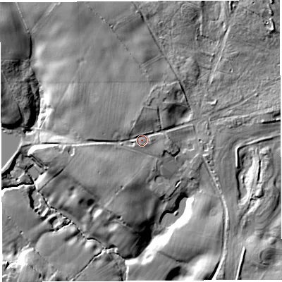 Shaded relief map of the ground around CW69BH, computed from Environment Agency LiDAR. The ground here sits at about 71 m above sea level and falls 22 m across the surrounding 800 m. Surface water reaching this point runs off ground lying to the north-north-west, 2.1 m higher.