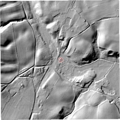 Shaded relief map of the ground around CW69DY, computed from Environment Agency LiDAR. The ground here sits at about 66 m above sea level and falls 35 m across the surrounding 800 m. Surface water reaching this point runs off ground lying to the west-north-west, 31.9 m higher.