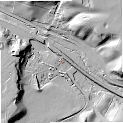 Shaded relief map of the ground around CW69NJ, computed from Environment Agency LiDAR. The ground here sits at about 41 m above sea level and falls 36 m across the surrounding 800 m. Surface water reaching this point runs off ground lying to the west-south-west, 31.4 m higher.