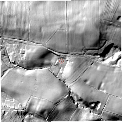 Shaded relief map of the ground around CW69NL, computed from Environment Agency LiDAR. The ground here sits at about 65 m above sea level and falls 22 m across the surrounding 800 m. Surface water reaching this point runs off ground lying to the north-north-west, 7.1 m higher.