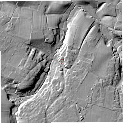 Shaded relief map of the ground around CW69NX, computed from Environment Agency LiDAR. The ground here sits at about 66 m above sea level and falls 17 m across the surrounding 800 m. Surface water reaching this point runs off ground lying to the south-south-east, 9.0 m higher.