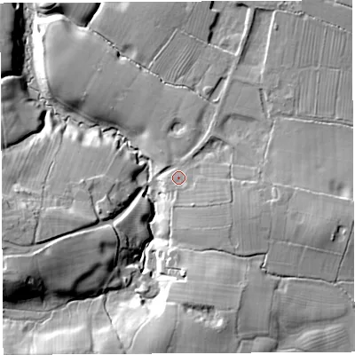 Shaded relief map of the ground around CW69PP, computed from Environment Agency LiDAR. The ground here sits at about 55 m above sea level and falls 22 m across the surrounding 800 m. Surface water reaching this point runs off ground lying to the east-south-east, 3.6 m higher.