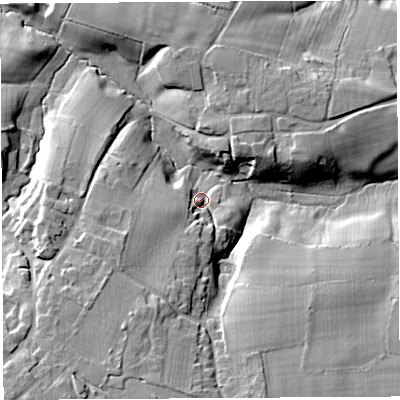 Shaded relief map of the ground around CW69PW, computed from Environment Agency LiDAR. The ground here sits at about 61 m above sea level and falls 21 m across the surrounding 800 m. Surface water reaching this point runs off ground lying to the south-south-west, 13.1 m higher.