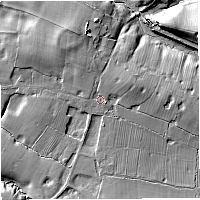 Shaded relief map of the ground around CW69QA, computed from Environment Agency LiDAR. The ground here sits at about 56 m above sea level and falls 17 m across the surrounding 800 m. Surface water reaching this point runs off ground lying to the north, 3.4 m higher.
