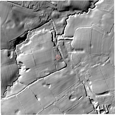 Shaded relief map of the ground around CW69RP, computed from Environment Agency LiDAR. The ground here sits at about 73 m above sea level and falls 18 m across the surrounding 800 m. Surface water reaching this point runs off ground lying to the south-west, 4.3 m higher.
