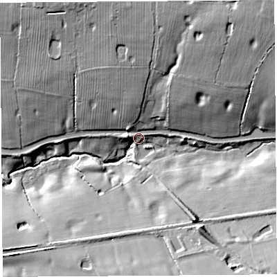 Shaded relief map of the ground around CW69UE, computed from Environment Agency LiDAR. The ground here sits at about 34 m above sea level and falls 22 m across the surrounding 800 m. Surface water reaching this point runs off ground lying to the east-south-east, 8.9 m higher.