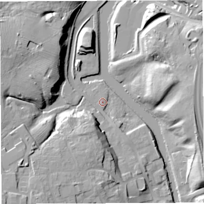 Shaded relief map of the ground around CW72PA, computed from Environment Agency LiDAR. The ground here sits at about 19 m above sea level and falls 24 m across the surrounding 800 m. Surface water reaching this point runs off ground lying to the south-south-west, 14.1 m higher.