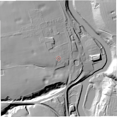 Shaded relief map of the ground around CW72PD, computed from Environment Agency LiDAR. The ground here sits at about 32 m above sea level and falls 25 m across the surrounding 800 m. Surface water reaching this point runs off ground lying to the west-north-west, 1.2 m higher.