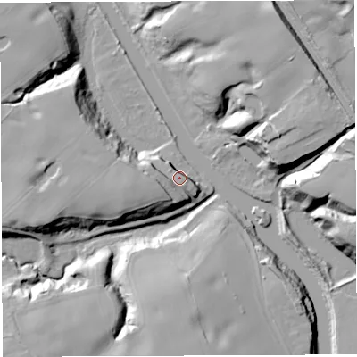 Shaded relief map of the ground around CW72PN, computed from Environment Agency LiDAR. The ground here sits at about 25 m above sea level and falls 33 m across the surrounding 800 m. Surface water reaching this point runs off ground lying to the west-south-west, 7.8 m higher.