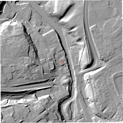 Shaded relief map of the ground around CW72SR, computed from Environment Agency LiDAR. The ground here sits at about 21 m above sea level and falls 25 m across the surrounding 800 m. Surface water reaching this point runs off ground lying to the north-west, 2.8 m higher.