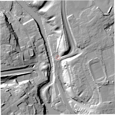 Shaded relief map of the ground around CW73AA, computed from Environment Agency LiDAR. The ground here sits at about 19 m above sea level and falls 25 m across the surrounding 800 m. Surface water reaching this point runs off ground lying to the north-east, 21.4 m higher.