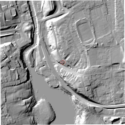 Shaded relief map of the ground around CW73DD, computed from Environment Agency LiDAR. The ground here sits at about 29 m above sea level and falls 24 m across the surrounding 800 m. Surface water reaching this point runs off ground lying to the north-north-east, 9.1 m higher.