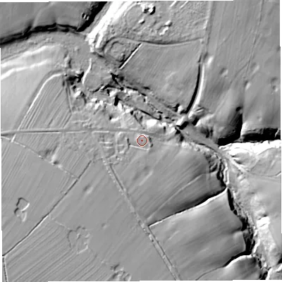 Shaded relief map of the ground around CW74DG, computed from Environment Agency LiDAR. The ground here sits at about 42 m above sea level and falls 25 m across the surrounding 800 m. Surface water reaching this point runs off ground lying to the south-south-west, 6.9 m higher.