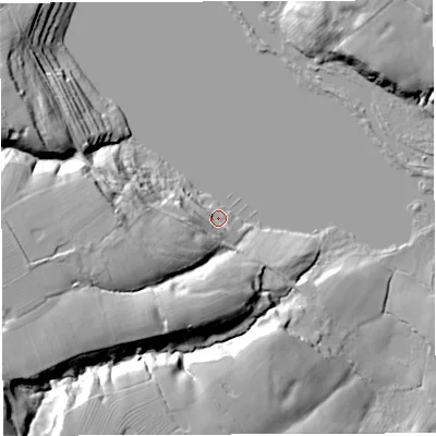 Shaded relief map of the ground around CW74EE, computed from Environment Agency LiDAR. The ground here sits at about 19 m above sea level and falls 30 m across the surrounding 800 m. Surface water reaching this point runs off ground lying to the west-south-west, 23.3 m higher.