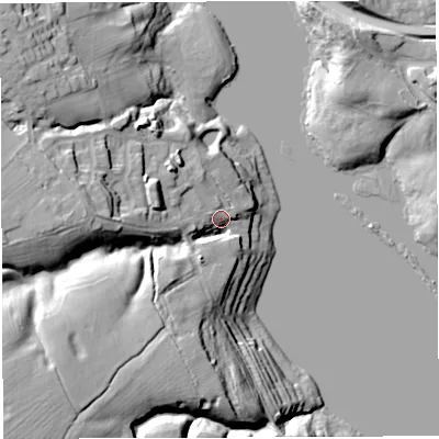 Shaded relief map of the ground around CW74EF, computed from Environment Agency LiDAR. The ground here sits at about 26 m above sea level and falls 32 m across the surrounding 800 m. Surface water reaching this point runs off ground lying to the south-west, 27.6 m higher.
