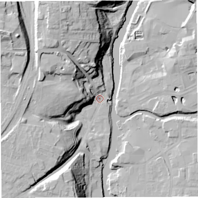 Shaded relief map of the ground around CW81AB, computed from Environment Agency LiDAR. The ground here sits at about 13 m above sea level and falls 36 m across the surrounding 800 m. Surface water reaching this point runs off ground lying to the north-north-west, 28.6 m higher.