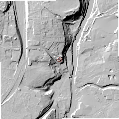 Shaded relief map of the ground around CW81AD, computed from Environment Agency LiDAR. The ground here sits at about 26 m above sea level and falls 40 m across the surrounding 800 m. Surface water reaching this point runs off ground lying to the north-north-west, 19.1 m higher.