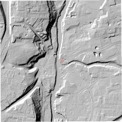Shaded relief map of the ground around CW81AR, computed from Environment Agency LiDAR. The ground here sits at about 11 m above sea level and falls 32 m across the surrounding 800 m. Surface water reaching this point runs off ground lying to the north-north-west, 30.3 m higher.