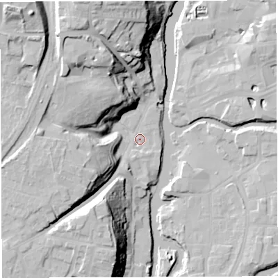 Shaded relief map of the ground around CW81BA, computed from Environment Agency LiDAR. The ground here sits at about 13 m above sea level and falls 36 m across the surrounding 800 m. Surface water reaching this point runs off ground lying to the north-north-west, 26.8 m higher.