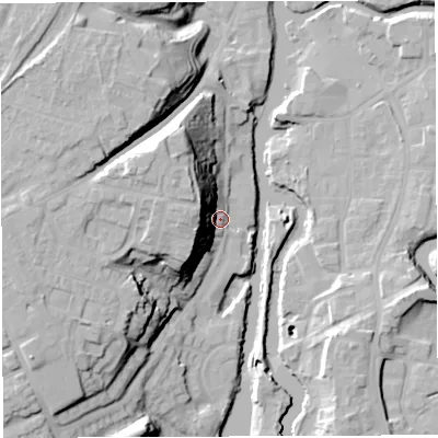 Shaded relief map of the ground around CW81BE, computed from Environment Agency LiDAR. The ground here sits at about 16 m above sea level and falls 29 m across the surrounding 800 m. Surface water reaching this point runs off ground lying to the west, 20.9 m higher.