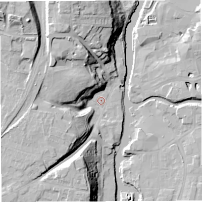 Shaded relief map of the ground around CW81BG, computed from Environment Agency LiDAR. The ground here sits at about 13 m above sea level and falls 37 m across the surrounding 800 m. Surface water reaching this point runs off ground lying to the west-south-west, 25.0 m higher.