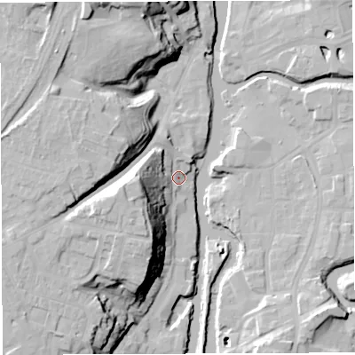 Shaded relief map of the ground around CW81BH, computed from Environment Agency LiDAR. The ground here sits at about 14 m above sea level and falls 29 m across the surrounding 800 m. Surface water reaching this point runs off ground lying to the west-south-west, 23.5 m higher.