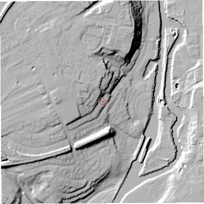 Shaded relief map of the ground around CW81BP, computed from Environment Agency LiDAR. The ground here sits at about 24 m above sea level and falls 30 m across the surrounding 800 m. Surface water reaching this point runs off ground lying to the west, 15.3 m higher.