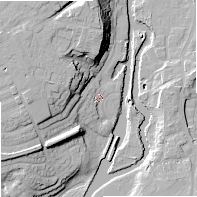 Shaded relief map of the ground around CW81EA, computed from Environment Agency LiDAR. The ground here sits at about 15 m above sea level and falls 28 m across the surrounding 800 m. Surface water reaching this point runs off ground lying to the west-south-west, 8.3 m higher.