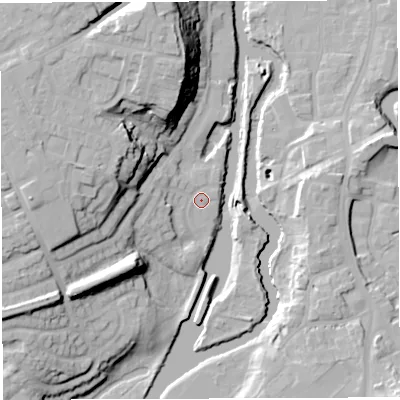 Shaded relief map of the ground around CW81ET, computed from Environment Agency LiDAR. The ground here sits at about 14 m above sea level and falls 28 m across the surrounding 800 m. Surface water reaching this point runs off ground lying to the west-south-west, 8.9 m higher.