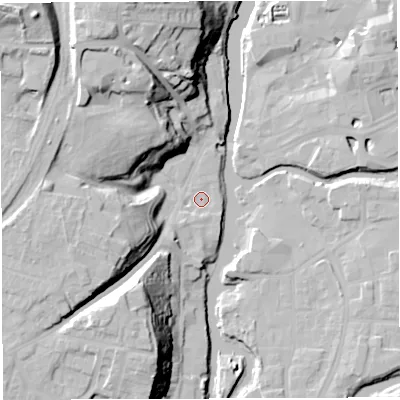 Shaded relief map of the ground around CW81GD, computed from Environment Agency LiDAR. The ground here sits at about 13 m above sea level and falls 36 m across the surrounding 800 m. Surface water reaching this point runs off ground lying to the north-north-west, 26.2 m higher.