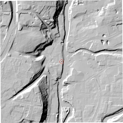 Shaded relief map of the ground around CW81GE, computed from Environment Agency LiDAR. The ground here sits at about 13 m above sea level and falls 35 m across the surrounding 800 m. Surface water reaching this point runs off ground lying to the north-north-west, 25.9 m higher.