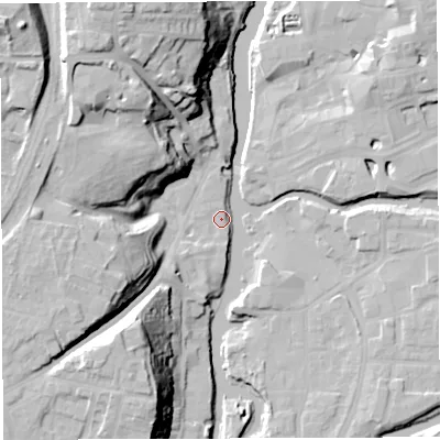 Shaded relief map of the ground around CW81GF, computed from Environment Agency LiDAR. The ground here sits at about 13 m above sea level and falls 35 m across the surrounding 800 m. Surface water reaching this point runs off ground lying to the north-north-west, 29.1 m higher.