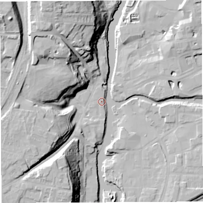 Shaded relief map of the ground around CW81GG, computed from Environment Agency LiDAR. The ground here sits at about 13 m above sea level and falls 35 m across the surrounding 800 m. Surface water reaching this point runs off ground lying to the north-north-west, 29.9 m higher.