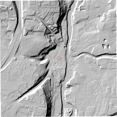 Shaded relief map of the ground around CW81GH, computed from Environment Agency LiDAR. The ground here sits at about 13 m above sea level and falls 36 m across the surrounding 800 m. Surface water reaching this point runs off ground lying to the north-north-west, 27.7 m higher.