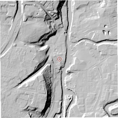 Shaded relief map of the ground around CW81GL, computed from Environment Agency LiDAR. The ground here sits at about 14 m above sea level and falls 31 m across the surrounding 800 m. Surface water reaching this point runs off ground lying to the west-south-west, 4.7 m higher.