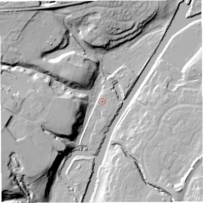Shaded relief map of the ground around CW81LB, computed from Environment Agency LiDAR. The ground here sits at about 15 m above sea level and falls 24 m across the surrounding 800 m. Surface water reaching this point runs off ground lying to the west-south-west, 23.0 m higher.