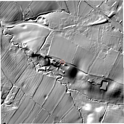 Shaded relief map of the ground around CW82RH, computed from Environment Agency LiDAR. The ground here sits at about 30 m above sea level and falls 24 m across the surrounding 800 m. Surface water reaching this point runs off ground lying to the east, 4.0 m higher.