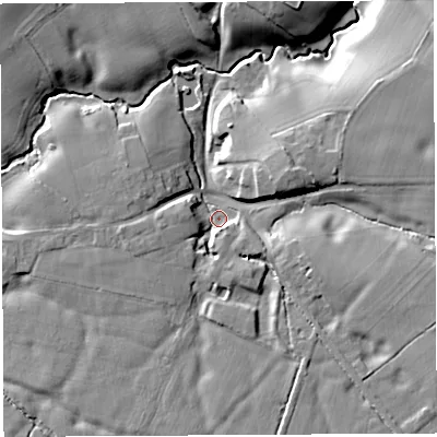 Shaded relief map of the ground around CW82RN, computed from Environment Agency LiDAR. The ground here sits at about 13 m above sea level and falls 14 m across the surrounding 800 m. Surface water reaching this point runs off ground lying to the east-south-east, 8.8 m higher.