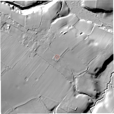 Shaded relief map of the ground around CW82RS, computed from Environment Agency LiDAR. The ground here sits at about 22 m above sea level and falls 20 m across the surrounding 800 m. Surface water reaching this point runs off ground lying to the north-north-west, 3.2 m higher.