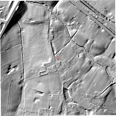 Shaded relief map of the ground around CW82ST, computed from Environment Agency LiDAR. The ground here sits at about 34 m above sea level and falls 16 m across the surrounding 800 m. Surface water reaching this point runs off ground lying to the south, 3.0 m higher.