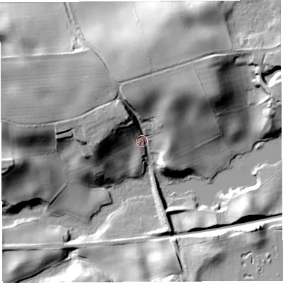 Shaded relief map of the ground around CW82TF, computed from Environment Agency LiDAR. The ground here sits at about 61 m above sea level and falls 30 m across the surrounding 800 m. Surface water reaching this point runs off ground lying to the west-north-west, 22.6 m higher.