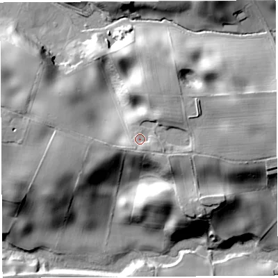 Shaded relief map of the ground around CW82TG, computed from Environment Agency LiDAR. The ground here sits at about 77 m above sea level and falls 32 m across the surrounding 800 m. Surface water reaching this point runs off ground lying to the east-north-east, 5.6 m higher.