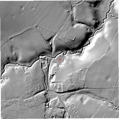 Shaded relief map of the ground around CW82WB, computed from Environment Agency LiDAR. The ground here sits at about 12 m above sea level and falls 18 m across the surrounding 800 m. Surface water reaching this point runs off ground lying to the south-east, 7.2 m higher.