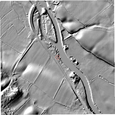 Shaded relief map of the ground around CW83QB, computed from Environment Agency LiDAR. The ground here sits at about 9 m above sea level and falls 32 m across the surrounding 800 m. Surface water reaching this point runs off ground lying to the south-south-east, 6.7 m higher.