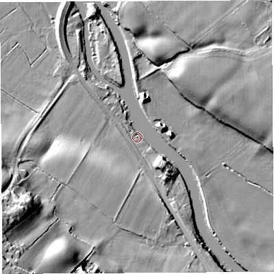 Shaded relief map of the ground around CW83QD, computed from Environment Agency LiDAR. The ground here sits at about 9 m above sea level and falls 31 m across the surrounding 800 m. Surface water reaching this point runs off ground lying to the south-south-east, 6.4 m higher.
