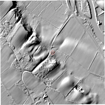 Shaded relief map of the ground around CW83QE, computed from Environment Agency LiDAR. The ground here sits at about 15 m above sea level and falls 37 m across the surrounding 800 m. Surface water reaching this point runs off ground lying to the west-south-west, 29.4 m higher.