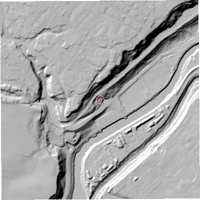 Shaded relief map of the ground around CW84EL, computed from Environment Agency LiDAR. The ground here sits at about 20 m above sea level and falls 44 m across the surrounding 800 m. Surface water reaching this point runs off ground lying to the north-west, 27.9 m higher.